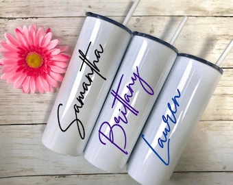 Tumbler With Lid and Straw White Stainless Steel Skinny Tumbler Personalized Tumbler For Her Bridesmaid Tumbler Bridesmaid Gifts