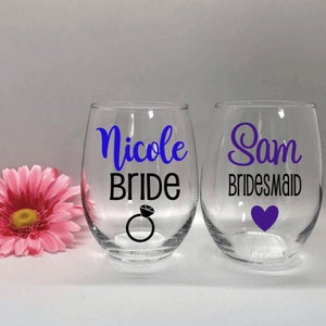 Bridal Party Wine Glasses Bride Maid of Honor Wedding Bridal Party Personalized Stemless Bridesmaid Gifts Custom Wine Glass Bridesmaid Glass