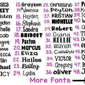 May include: A list of forty-eight names numbered sequentially, displayed in various black typography styles against a white background. The names range from Jessica to Jamie, with the pink text More Fonts and a black arrow pointing to the right.