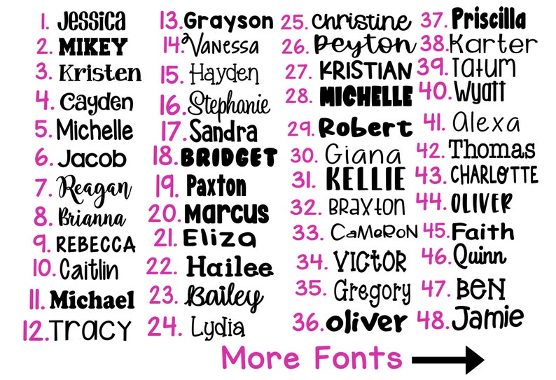 May include: A list of forty-eight names numbered sequentially, displayed in various black typography styles against a white background. The names range from Jessica to Jamie, with the pink text More Fonts and a black arrow pointing to the right.