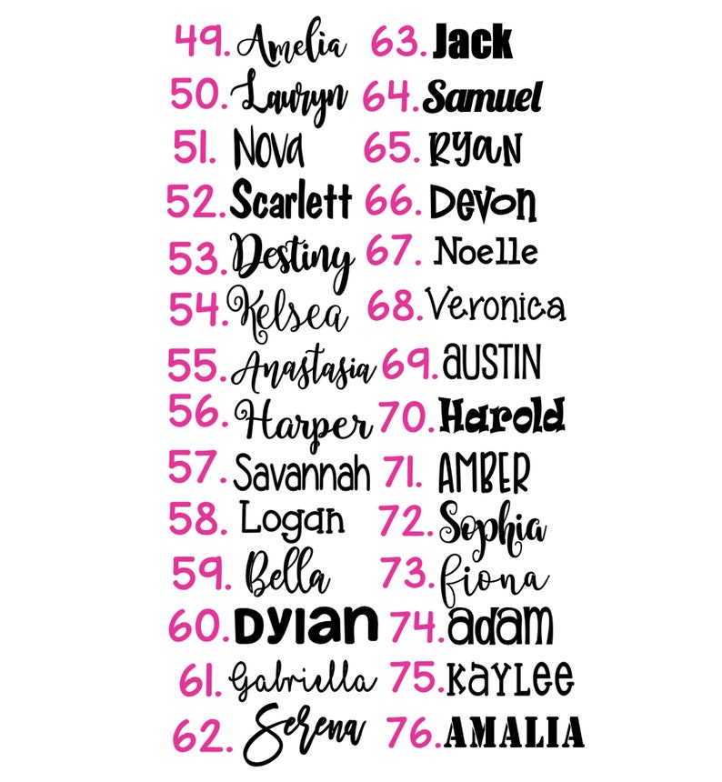 May include: A list of names numbered 49 through 76, each preceded by a pink number. The names are written in various black fonts, including script, serif, and sans-serif styles. The list includes names such as Amelia, Jack, Lauryn, Samuel, Nova, Ryan, Scarlett, Devon, Destiny, Noelle, Kelsea, Veronica, Anastasia, Austin, Harper, Harold, Savannah, Amber, Logan, Sophia, Bella, Fiona, Dylan, Adam, Gabriella, Kaylee, Serena, and Amalia.