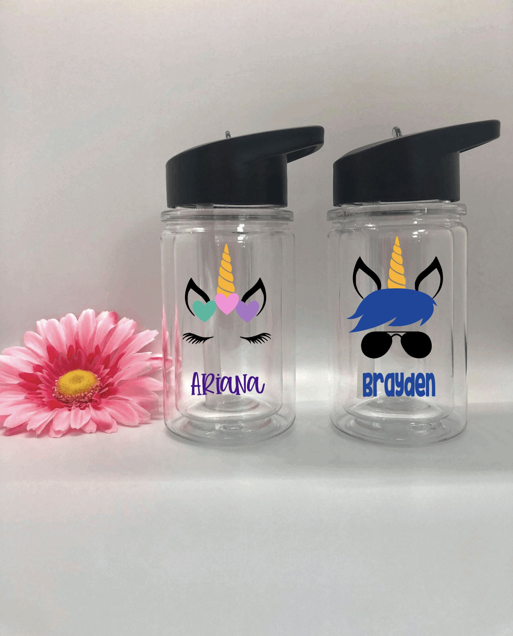 Kids Personalized Unicorn Water Bottle With Straw and Flip up Spout ...