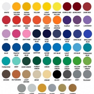 May include: A chart of 100 different colour names with a circle of each colour. The colours are arranged in rows and columns, with the names of the colours listed below each circle.
