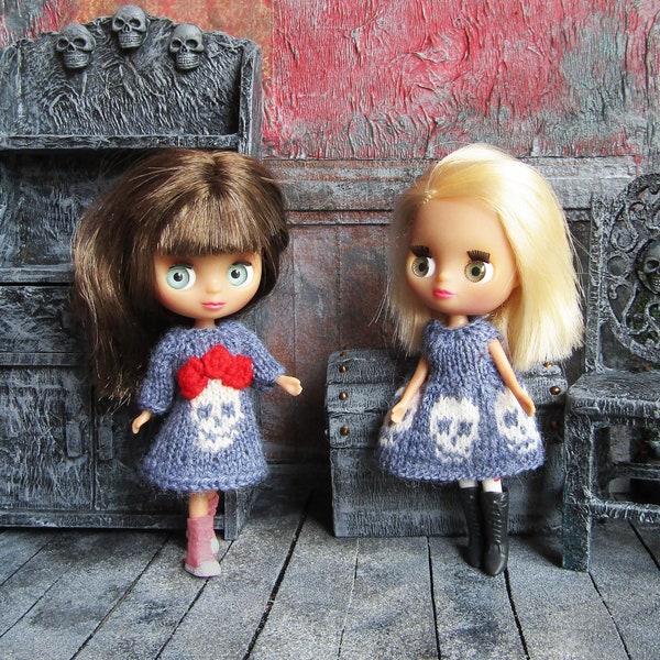 Halloween Petite Blythe dress Gothic knit clothes for mini doll Handmade outfit 4 inch, LPS dolls