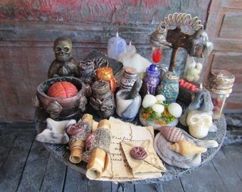 Miniature Witch Table: Spooky Alchemy Lab Haunted Dollhouse Furniture Halloween Set