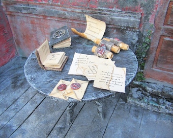 Miniature Witch Library Set: Dollhouse Books, Spells, Letters - Halloween Diorama