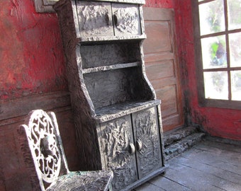 Haunted dollhouse furniture Handmade Halloween miniatures gothic Items - witch cabinet, chair, table