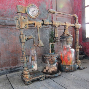 May include: A steampunk-style laboratory setup with three glass bottles, one with a flame inside, on a metal stand with pipes and gears. The stand has a clock face and a copper finish.