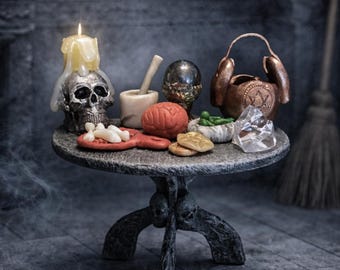 Miniature Witches Kitchen Set - Haunted Witch Dollhouse Props for Halloween Diorama, 1:12 Gothic Apothecary