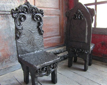 1/12 Black Gothic dollhouse chair Haunted mansion furniture Handmade miniature for witch roombox Halloween diorama Medieval miniatures