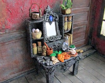 Set Witchy Dollhouse Miniatures 1/12 Gothic Dressing Table, Potions, Spell Accessories Witch Diorama