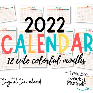 2022 Monthly Calendar- Cute and Colorful Stationary- 12 Months + Freebie Weekly Planner