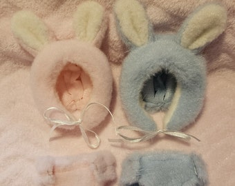 Small Bunny Clothes set for 7inch/20cm dolls NO DOLL, Cute plush bunny hat and nappy