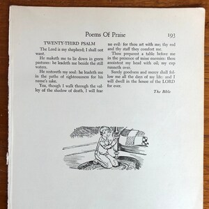 Twenty-Third Psalm with illustration, vintage page from 1946 book, in good condition, unframed, vintage Bible verse, Psalm 23