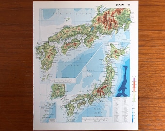 Japan and Africa map, vintage 1978 book page from atlas, vintage maps in excellent condition, Japan on front, Africa: Physical on back