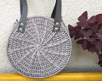 Crochet Gray bag.Circle everyday purse.Round vegan handbag.Crossbody summer bag