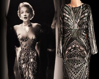 Vintage beaded Sequinned Embroidered Green Black Statement dress flapper Downton Abbey 1920s Marlene Dietrich Maxi dress UK size 14 US 10