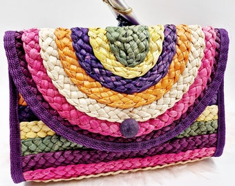 Beautiful summer straw retro raingow large shoulder bag