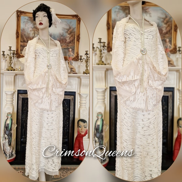 Art Deco vintage  Downton Abbey 1920s bride cream wedding bridal all dress 1930s Great Gatsby charleston size UK 810 US 6