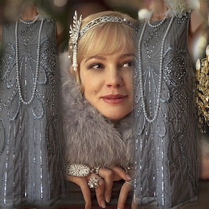Vestido estilo flapper de los años 20, vestido plateado, vestido del Gran Gatsby, vestido plateado bordado, vestido estilo flapper con cuentas, vestido con cuentas de los años 20, talla 10 del Reino Unido, 6 y 8 de EE. UU.