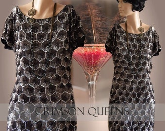Art Deco Geometric Avant Garde Vintage Heavily Embellished Beaded Sequinned Cocktail Party S Dress Size UK 10 US 6