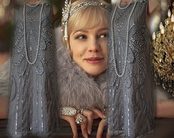 Flapper dress 1920s silver dress Great Gatsby dress embroidered silver dress flapper beaded dress 1920s beaded dres size UK 10 US 6 8