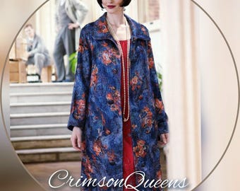 Autumn coat Art Deco bohemian coat flapper coat silk crinkled roamantic impressionist print long jacket 1920s size UK 10 12 US 6 8