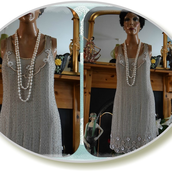 1920's Bride Beige,ivory Wedding Bridal Gown Flapper Beaded with pearls 100% Silk Great Gatsby Charleston  Size UK 8 US 4