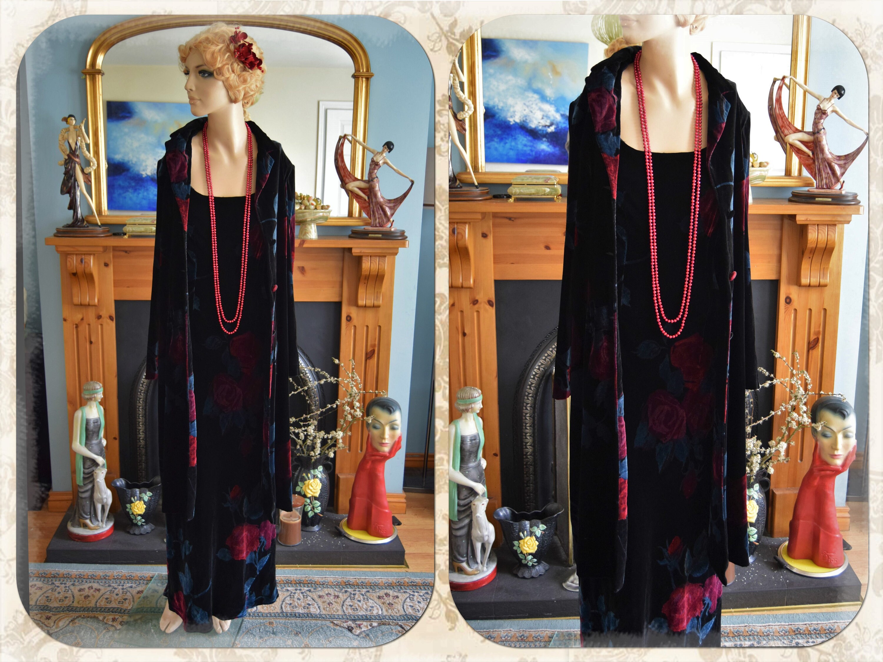 Image of Vintage Art Deco Downton Abbey Black Crimson Red Silk Devore Romantic Floral Garden Dress Evening Gown With Long Coat Size Uk  Us
