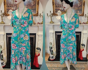 Multicoloured 1920s 1930s  Downton Abbey romantic chiffon ruffled garden party cocktail floral dress size UK 12 US 8