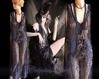 Flapper dress 1920s dress flapper mesh dress 1920s sequinned dress Vintage Oriental Sheer dress Net Flapper Navy blue Dress size Uk 10 US 6