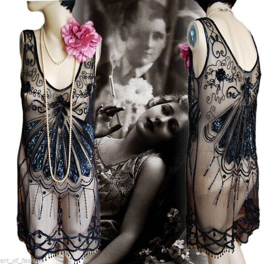 sheer 1920s dress Flapper Dress 1920s Dress Flapper Mesh Dress 1920s Beaded Gown Vintage  Oriental Sheer Net Flapper Dress Size Uk 8 US 4