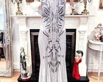 Vintage old silver maxi beaded sequinned evening gown Avant Garde stage gown dress with size UK 8 US 4