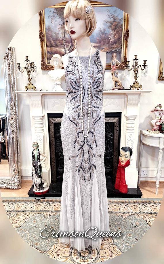 Vintage Old Silver Maxi Beaded Sequinned Evening Gown Avant Garde Stage Gown  Dress With Size UK 8 US 4 - Etsy