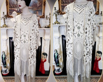 Vintage Art Deco Great Gatsby 1920s style dress and coat flapper ensemble finished with dense glass tassels size UK 10 US 6