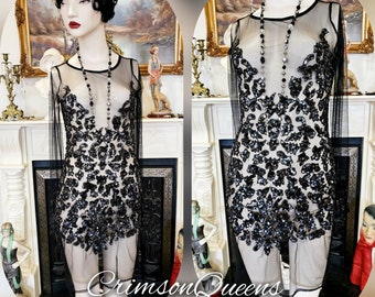 Vintage Art Deco 1920's beaded Oriental Sheer Net Flapper Dress size Uk 8 US 4