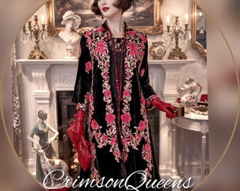 Antique style vintage 1920s coat flapper Art Deco embroidered soft black velvet satin luxurious jacket opera coat duster UK 8 US 4 small fit