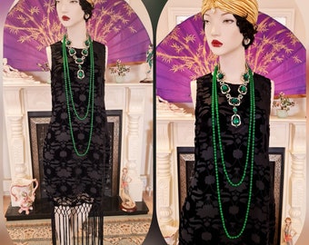 Vintage devore Black damask 1920s flapper oriental ensemble tasseled kimono duster fringe suit dress size UK 12 14 US 8 10