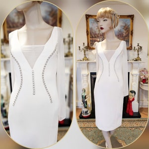 Haute Couture vintage  Versace elegant silk white dress adorned with real Swarovski crystals size UK 8 US 4
