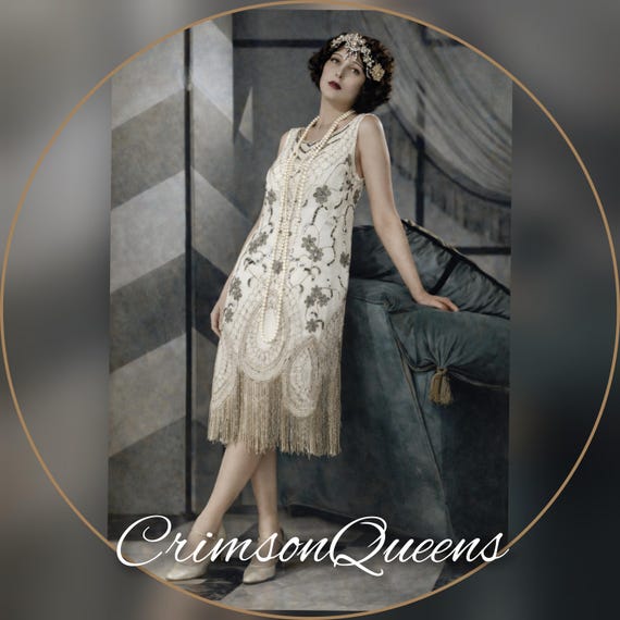cream beaded flapper dress 1920's Cream Flapper Beaded Dress/cream Flapper Dress/cream Dress With  Fringing