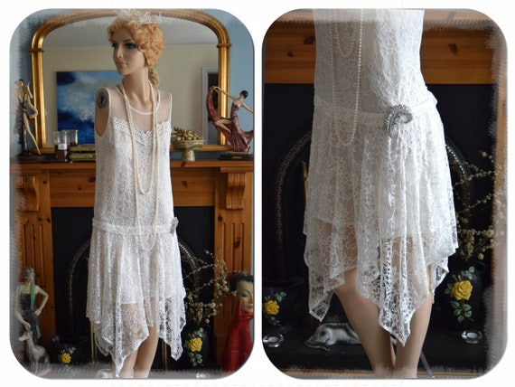 1920s wedding dress 1930s wedding dress All Lace Mesh flapper bride Vintage  White Wedding Gown Great Gatsby size UK 8 10 US 4 6