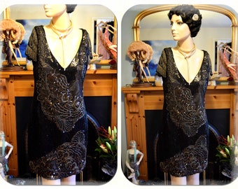 Vintage Silk Heavily Beaded Embroidered Sequinned Great Gatsby 1920s style Flapper Dress size Uk 8 US 4