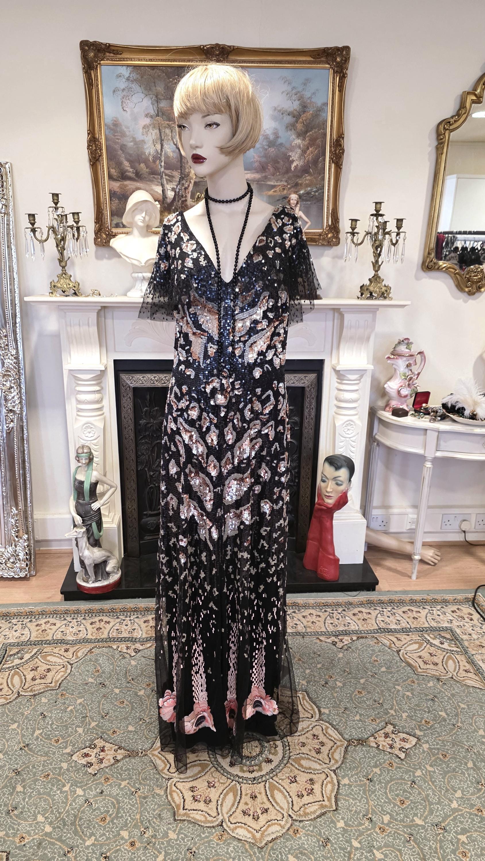 Temperley London, Temperley London Art Deco dress Flapper Downton Abbey dress 1920s dress black mix Great Gatsby beaded vintage dress size UK 10 US 6