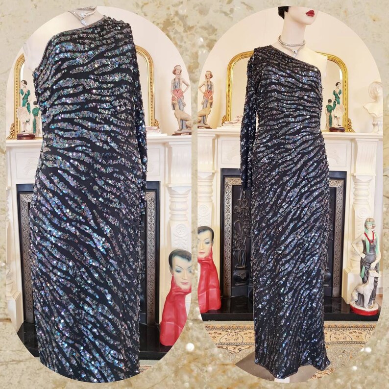 Hollywood goddess midnight blue stage performance Rifat Ozbek designer sequined maxi dress flapper 1920s 1930s dress gown size UK 12 US 8 image 2