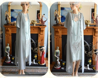 Frank Usher Flapper long coat, Great Gatsby over coat Art Deco duck blue coat 1920s duster, flapper duster 1920s  size Uk 10 12 US 6 8