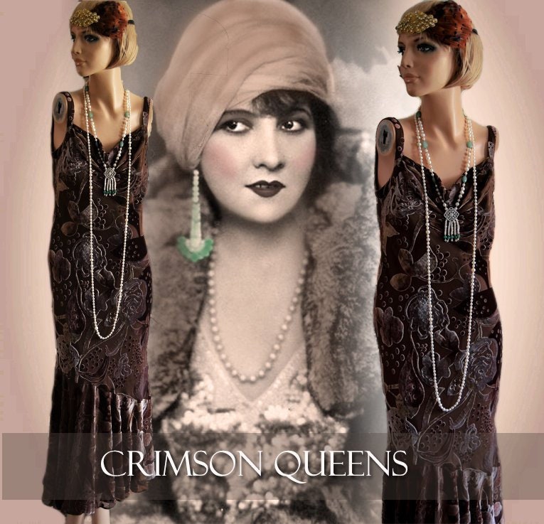 Image of Art Deco Downton Abbey Vintagebrown Beige Silk Devore Romantic Autumn Floral Dress Evening Gown Size Uk  Us