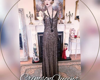 Vintage 1920s heavily sequinned beaded Art Deco Downton Abbey flapper Charleston Jazz era prohibition evening black dress size Uk 12 US 8
