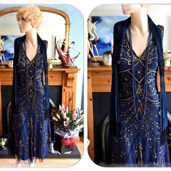 Art Deco Kleid Flapper Kleid 1920er Jahre Kleid 20er Jahre Kleid Blue Great Gatsby Kleid Perlen Vintage Kleid Größe 36