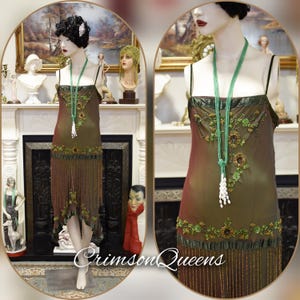 Vintage 1920s 1930s Art Deco all silk sequined heavily beaded delicate green beaded embroidered dress size UK 10 US 6