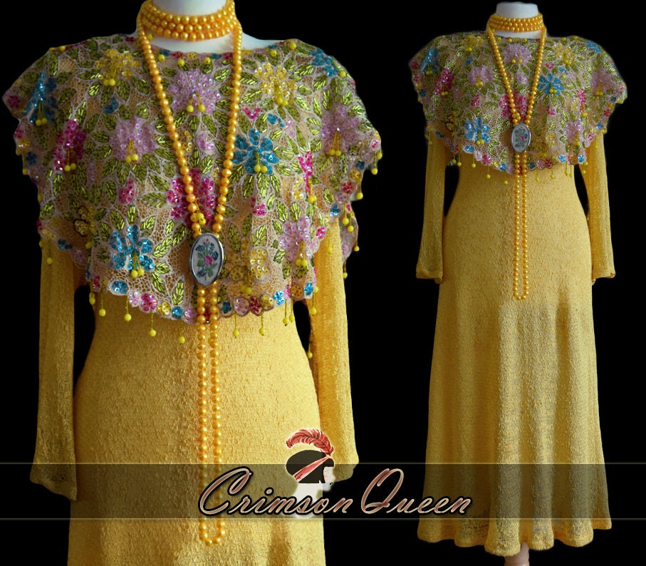 Image of Mustard Yellow Vintage Crochet 's Cocktail Day Dress Size Uk  Us